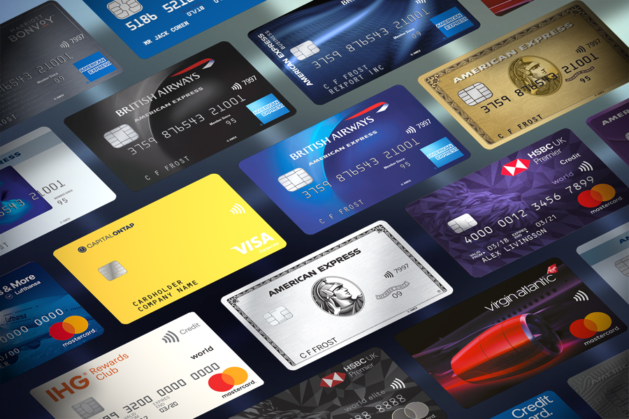 Three different credit cards laid out side by side representing student, business, and premium card types